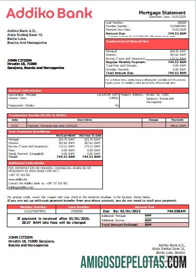 Declaração de hipoteca do Addiko Bank da Bósnia e Herzegovina exemplo